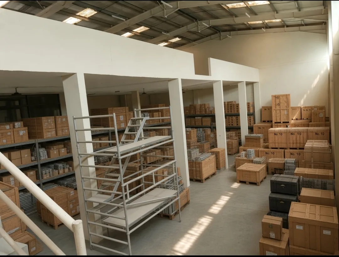 Racked stock under the mezzanine